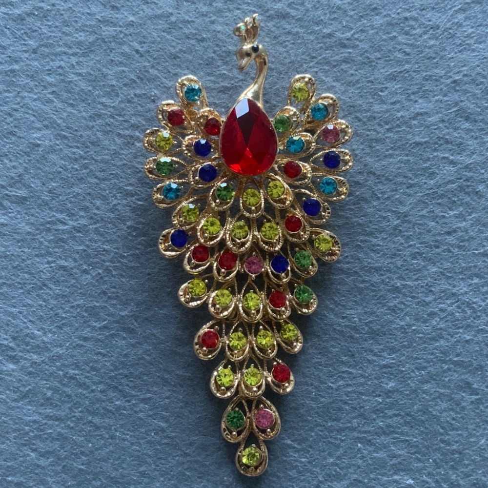 Vintage Style Gold Tone Multi Color Rhinestone Peacock Brooch Pin Large 3.75"